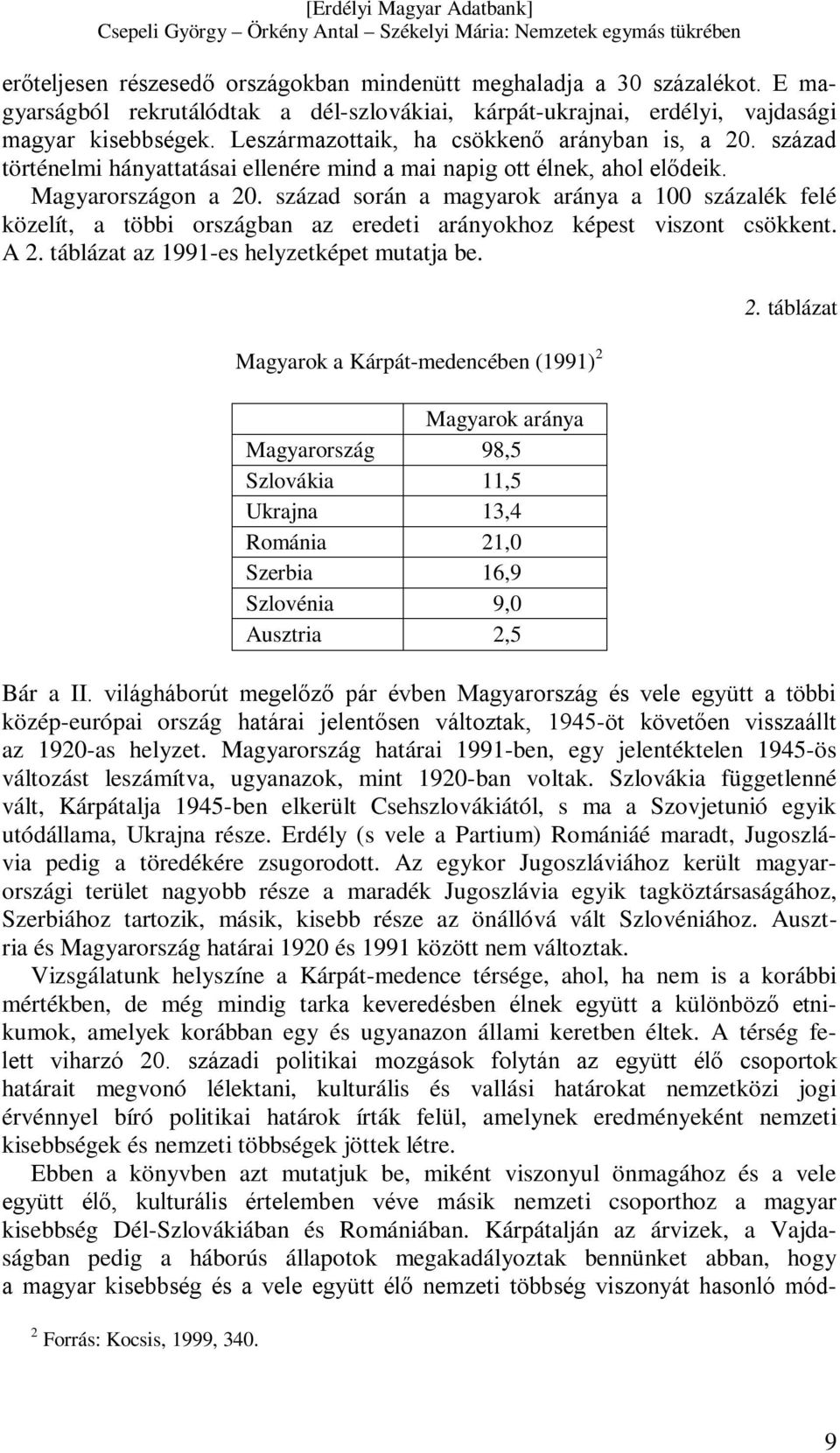 század során a magyarok aránya a 100 százalék felé közelít, a többi országban az eredeti arányokhoz képest viszont csökkent. A 2. táblázat az 1991-es helyzetképet mutatja be.