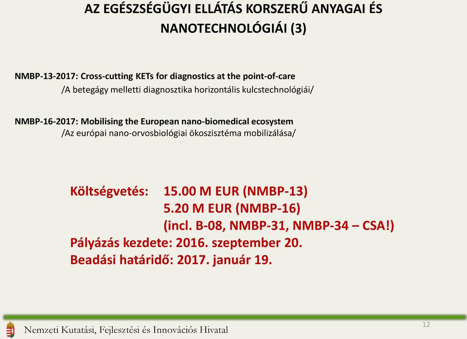 nano-biomedical ecosystem /Az európai nano-orvosbiológiai ökoszisztéma mobilizálása/ Költségvetés: 15.00 M EUR (NMBP-13) 5.