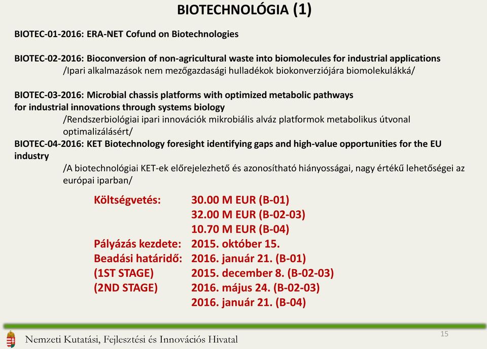 /Rendszerbiológiai ipari innovációk mikrobiális alváz platformok metabolikus útvonal optimalizálásért/ BIOTEC-04-2016: KET Biotechnology foresight identifying gaps and high-value opportunities for