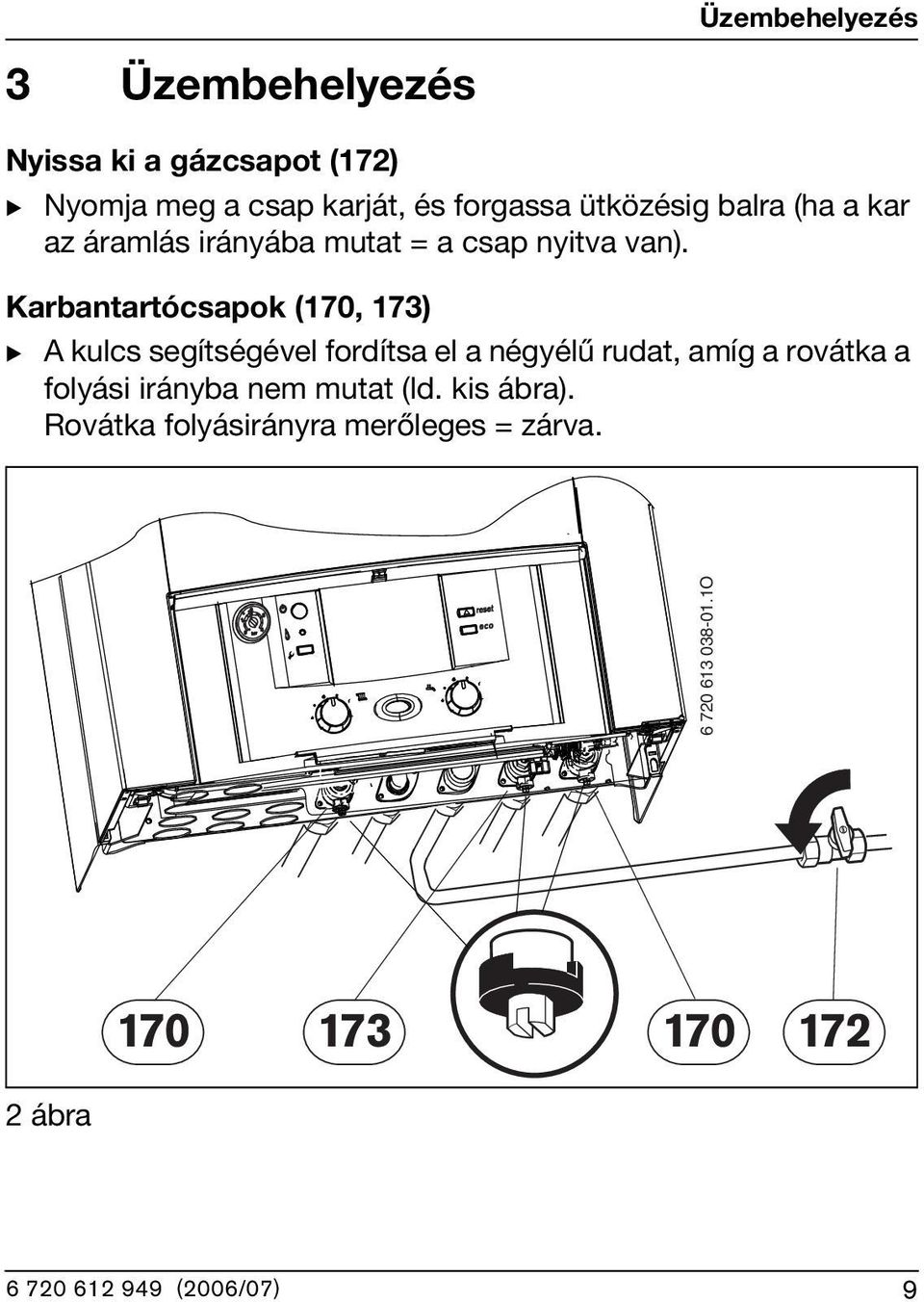 Karbantartócsapok (70, 73) B A kulcs segítségével fordítsa el a négyélű rudat, amíg a rovátka a