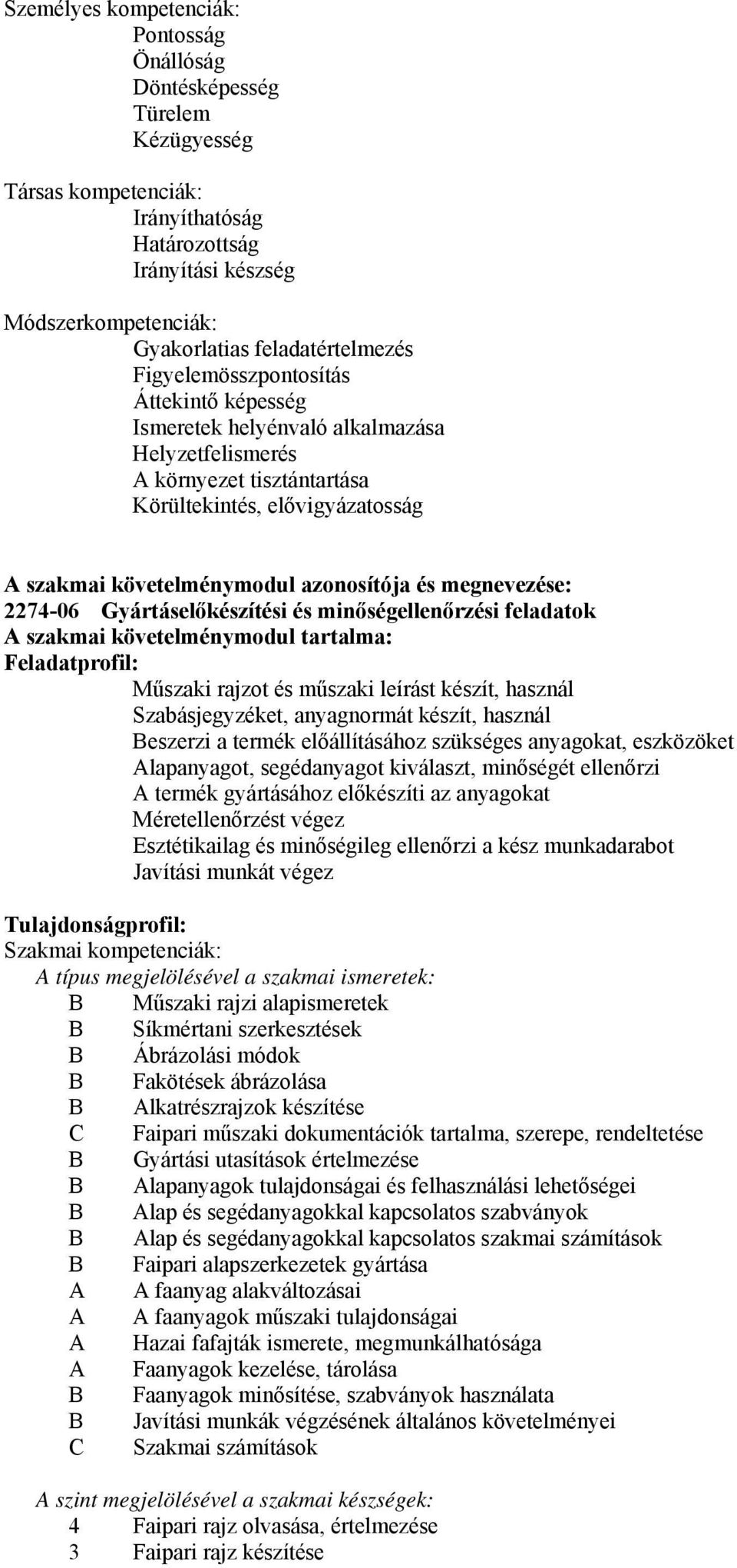 megnevezése: 2274-06 Gyártáselőkészítési és minőségellenőrzési feladatok A szakmai követelménymodul tartalma: Feladatprofil: Műszaki rajzot és műszaki leírást készít, használ Szabásjegyzéket,