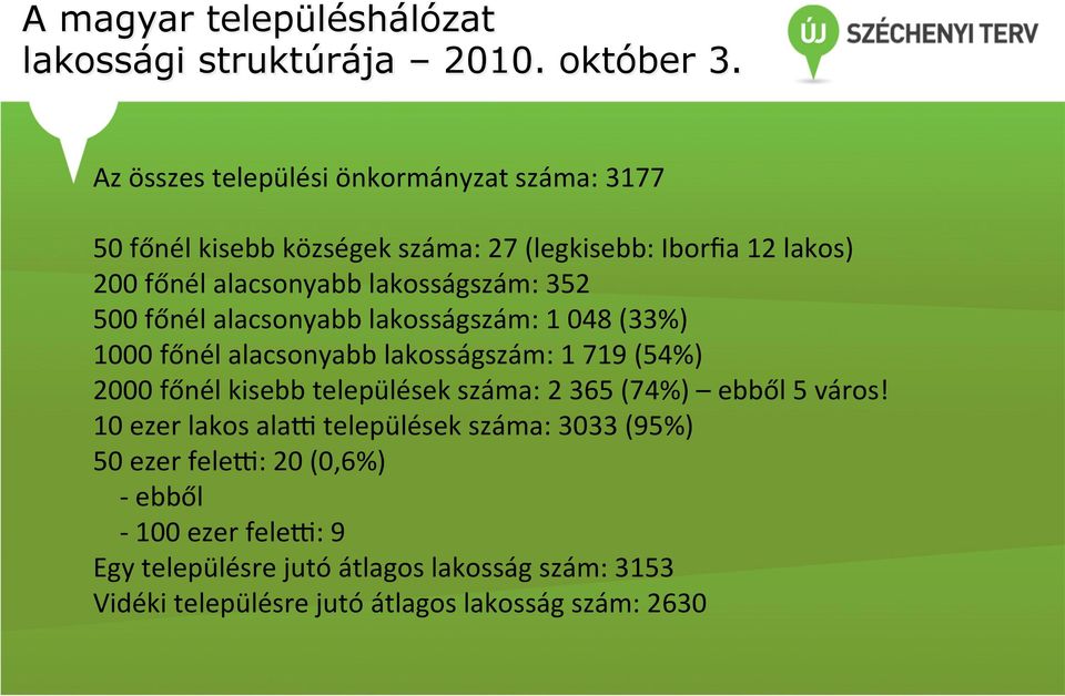 lakosságszám: 352 500 főnél alacsonyabb lakosságszám: 1 048 (33%) 1000 főnél alacsonyabb lakosságszám: 1 719 (54%) 2000 főnél kisebb települések