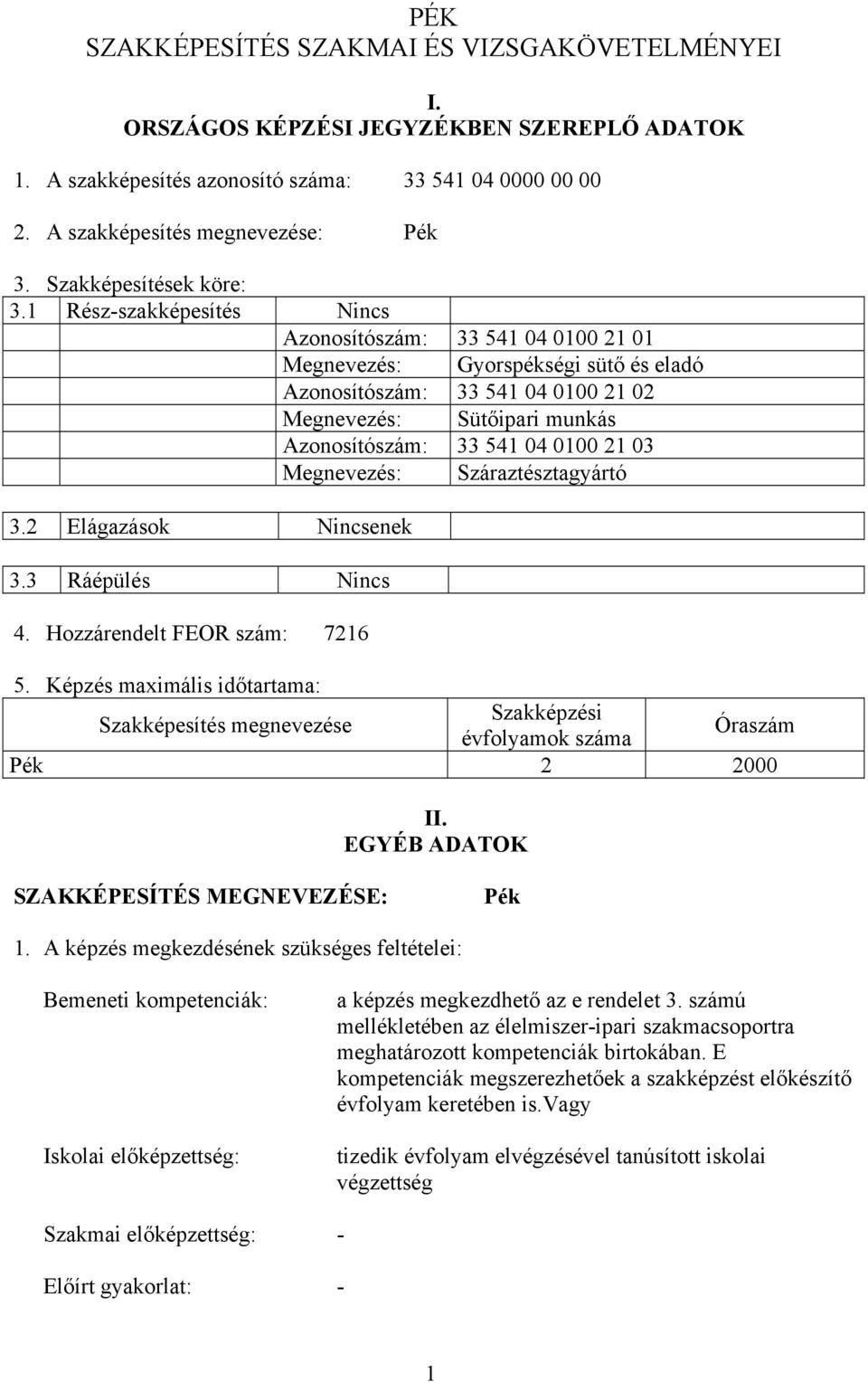 1 Rész-szakképesítés Nincs Azonosítószám: 33 541 04 0100 21 01 Megnevezés: Gyorspékségi sütő és eladó Azonosítószám: 33 541 04 0100 21 02 Megnevezés: Sütőipari munkás Azonosítószám: 33 541 04 0100 21