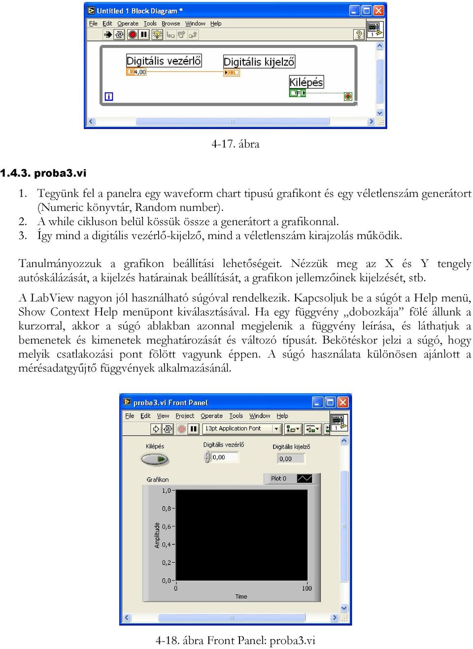 Nézzük meg az X és Y tengely autóskálázását, a kijelzés határainak beállítását, a grafikon jellemzőinek kijelzését, stb. A LabView nagyon jól használható súgóval rendelkezik.