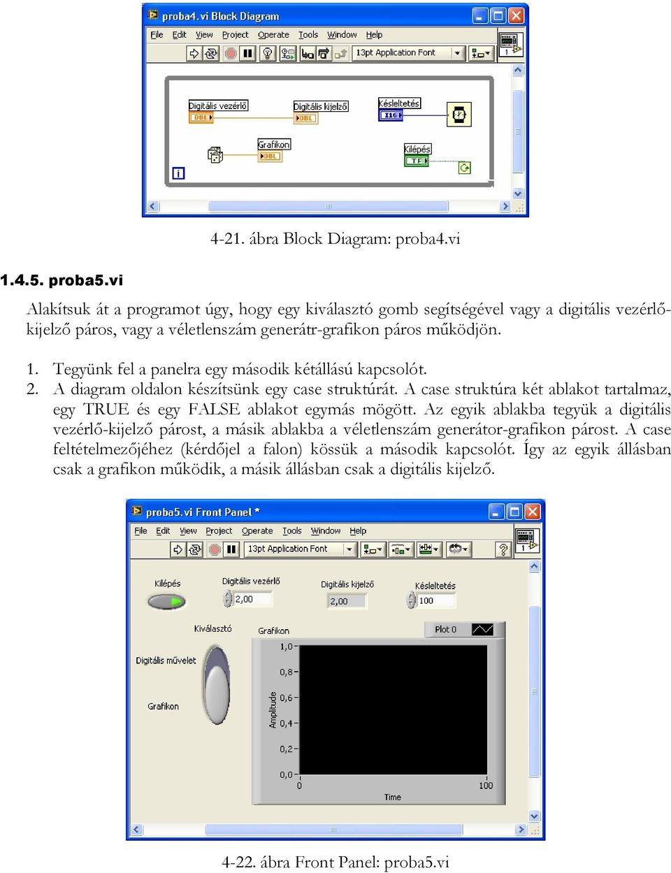 Tegyünk fel a panelra egy második kétállású kapcsolót. 2. A diagram oldalon készítsünk egy case struktúrát.