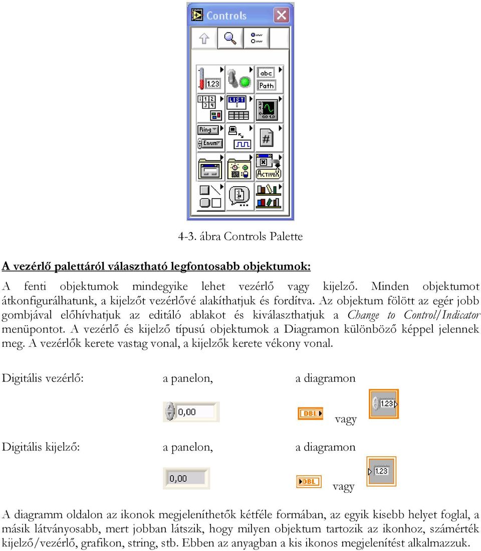 Az objektum fölött az egér jobb gombjával előhívhatjuk az editáló ablakot és kiválaszthatjuk a Change to Control/Indicator menüpontot.