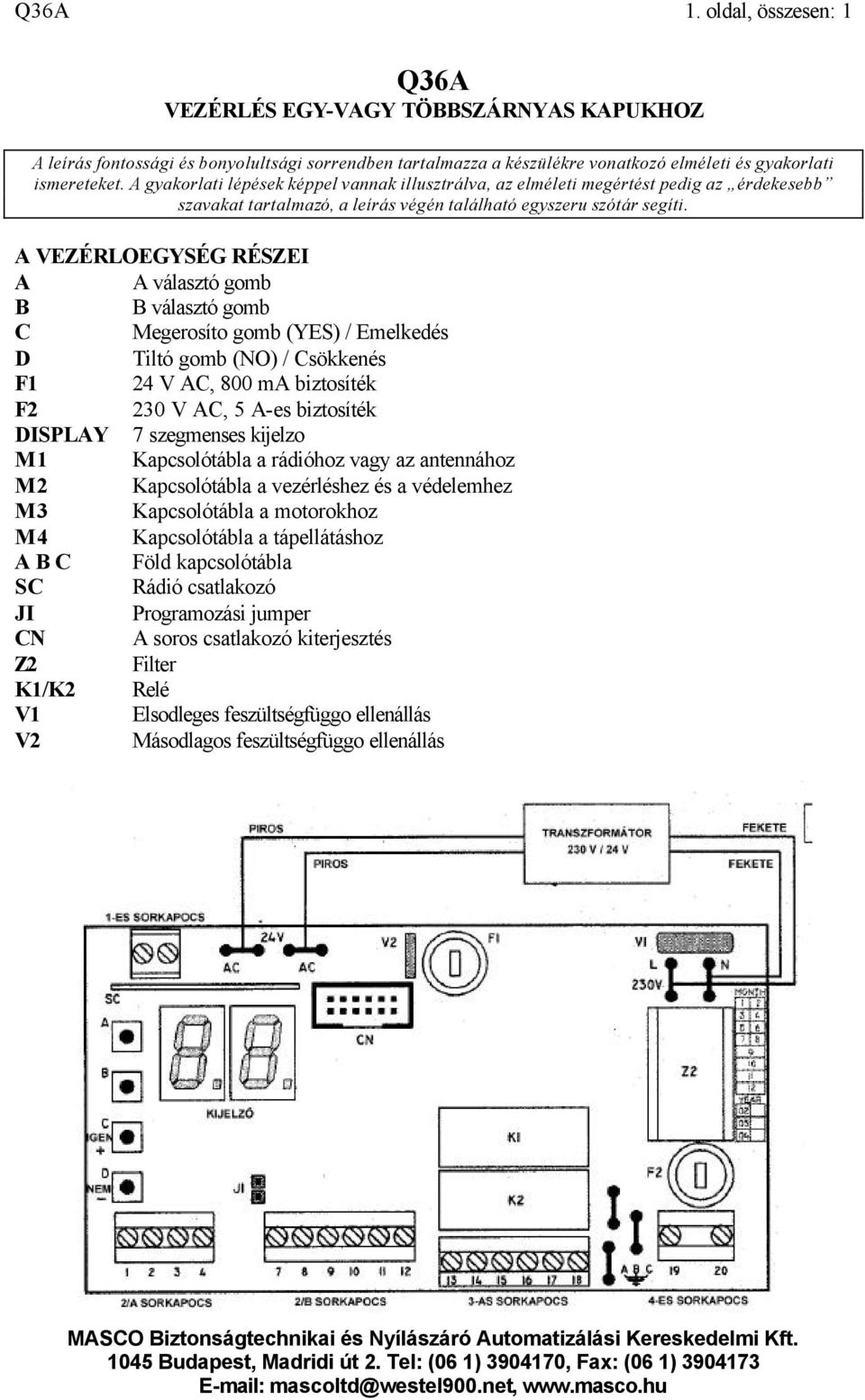 A VEZÉRLOEGYSÉG RÉSZEI A A választó gomb B B választó gomb C Megerosíto gomb (YES) / Emelkedés D Tiltó gomb (NO) / Csökkenés F1 24 V AC, 800 ma biztosíték F2 230 V AC, 5 A-es biztosíték DISPLAY 7