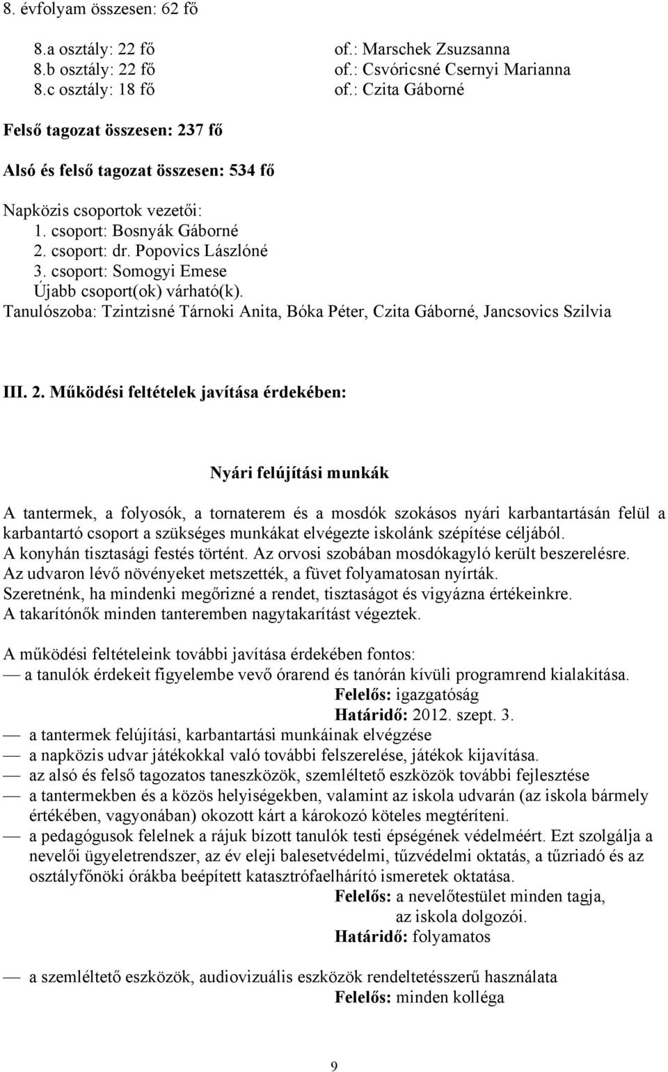 csoport: Somogyi Emese Újabb csoport(ok) várható(k). Tanulószoba: Tzintzisné Tárnoki Anita, Bóka Péter, Czita Gáborné, Jancsovics Szilvia III. 2.