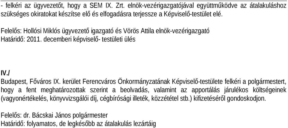 Felelős: Hollósi Miklós ügyvezető igazgató és Vörös Attila elnök-vezérigazgató Határidő: 2011. decemberi képviselő- testületi ülés IV./ Budapest, Főváros IX.