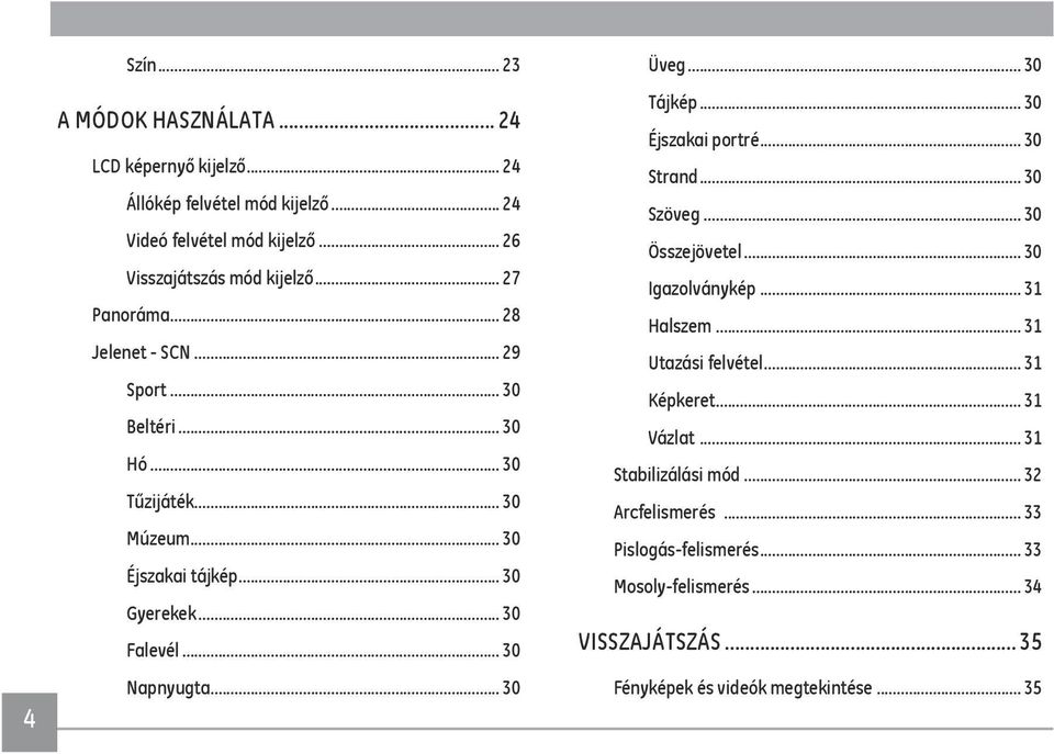 .. 30 Üveg... 30 Tájkép... 30 Éjszakai portré... 30 Strand... 30 Szöveg... 30 Összejövetel... 30 Igazolványkép... 31 Halszem... 31 Utazási felvétel... 31 Képkeret.