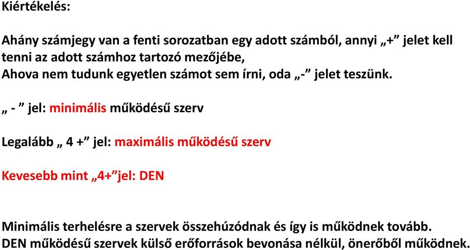 - jel: minimális működésű szerv Legalább 4 + jel: maximális működésű szerv Kevesebb mint 4+ jel: DEN Minimális