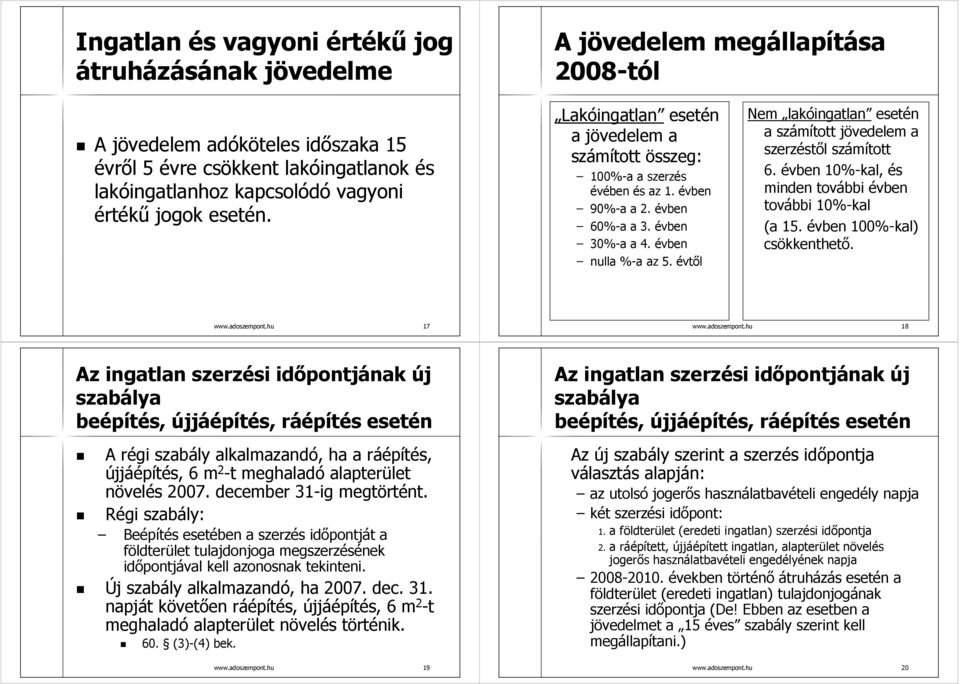 évtől Nem lakóingatlan esetén a számított jövedelem a szerzéstől számított 6. évben 10%-kal, és minden további évben további 10%-kal (a 15. évben 100%-kal) csökkenthető. www.adoszempont.hu 17 www.