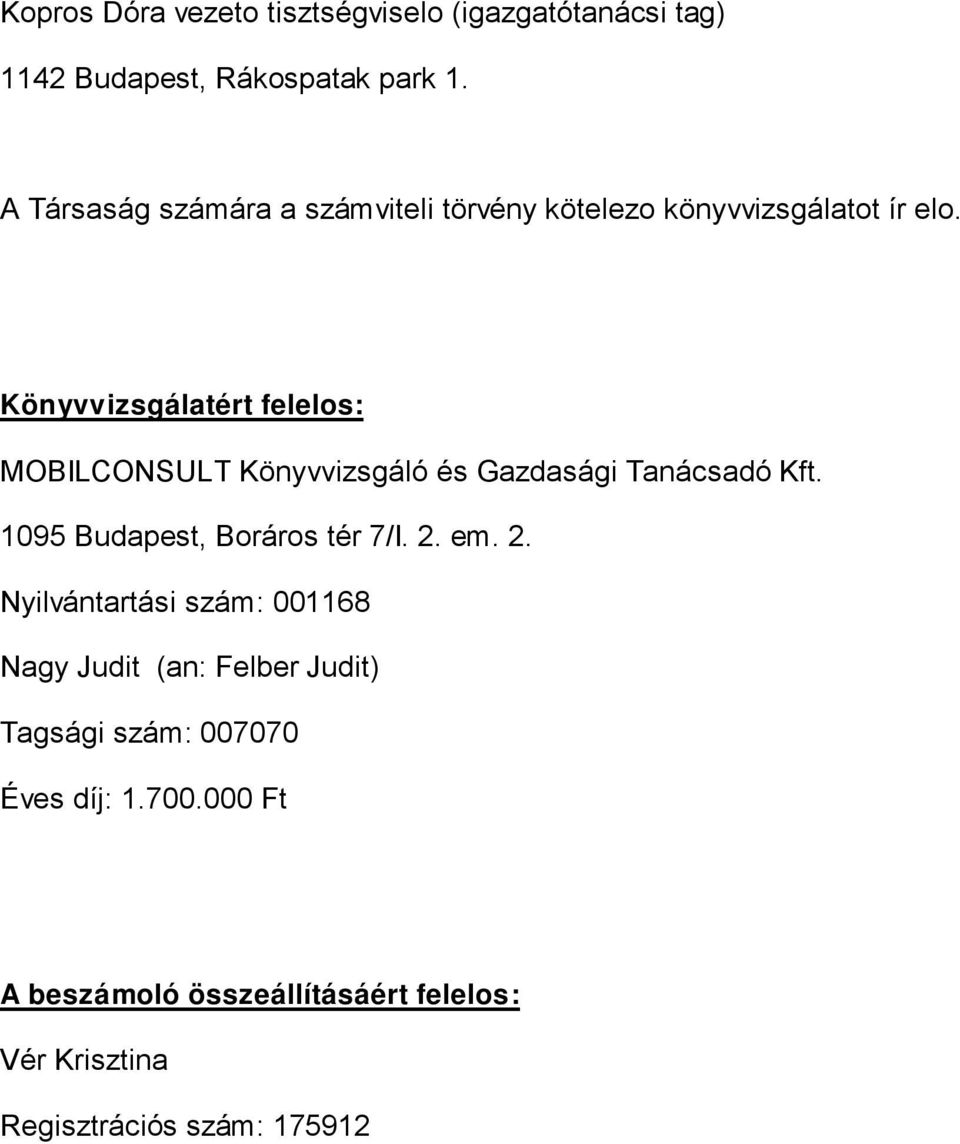 Könyvv izsgálatért felelos: MOBILCONSULT Könyvvizsgáló és Gazdasági Tanácsadó Kft. 1095 Budapest, Boráros tér 7/I. 2.