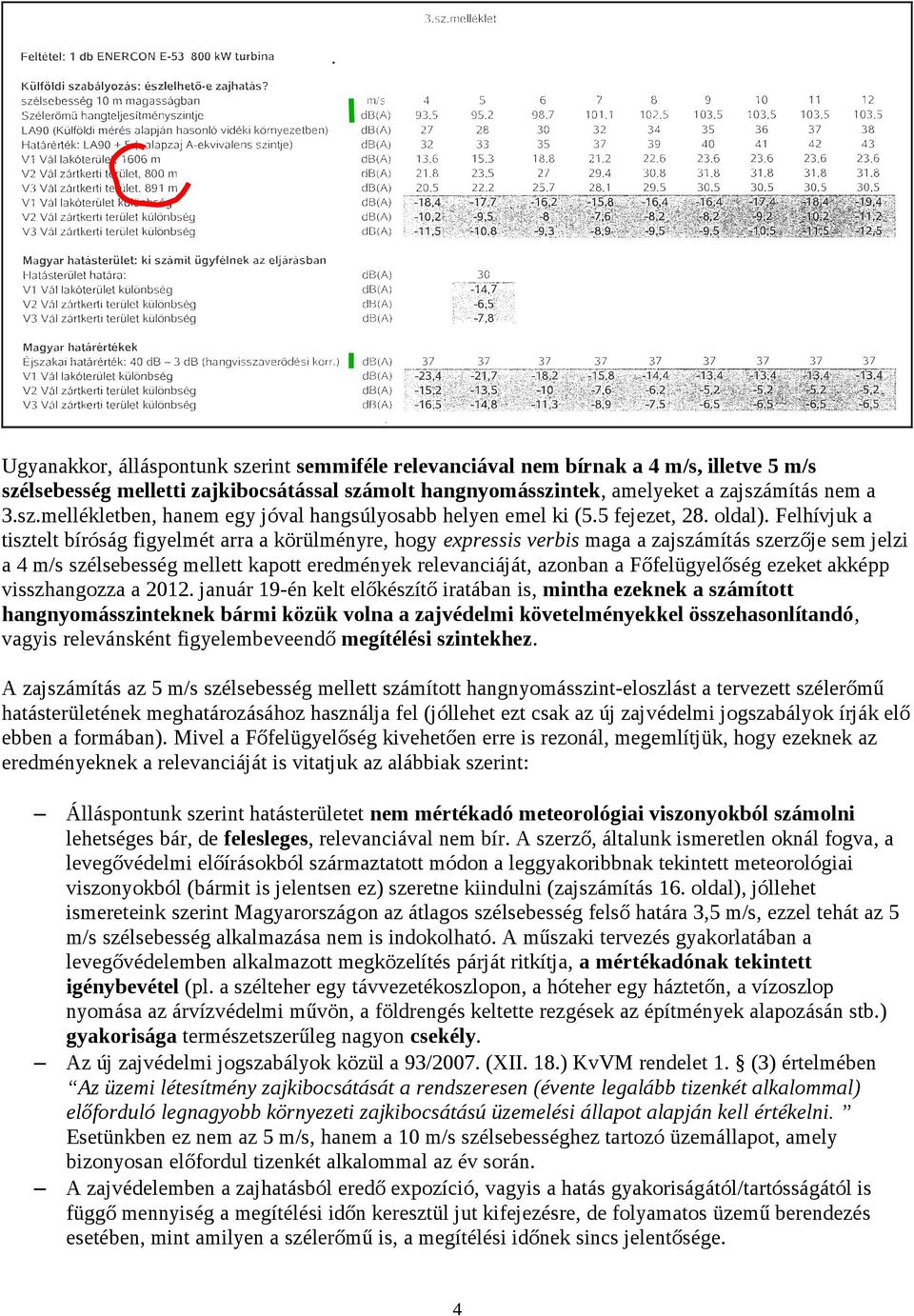 Felhívjuk a tisztelt bíróság figyelmét arra a körülményre, hogy expressis verbis maga a zajszámítás szerzője sem jelzi a 4 m/s szélsebesség mellett kapott eredmények relevanciáját, azonban a