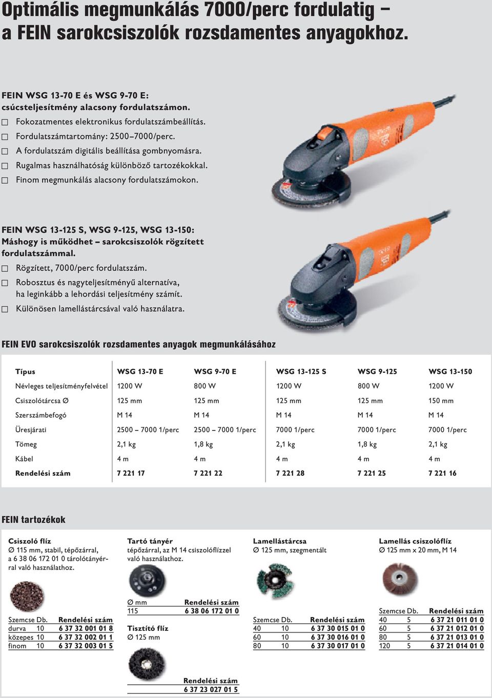 Finom megmunkálás alacsony fordulatszámokon. FEIN WSG 13-125 S, WSG 9-125, WSG 13-150: Máshogy is működhet sarokcsiszolók rögzített fordulatszámmal. Rögzített, 7000/perc fordulatszám.