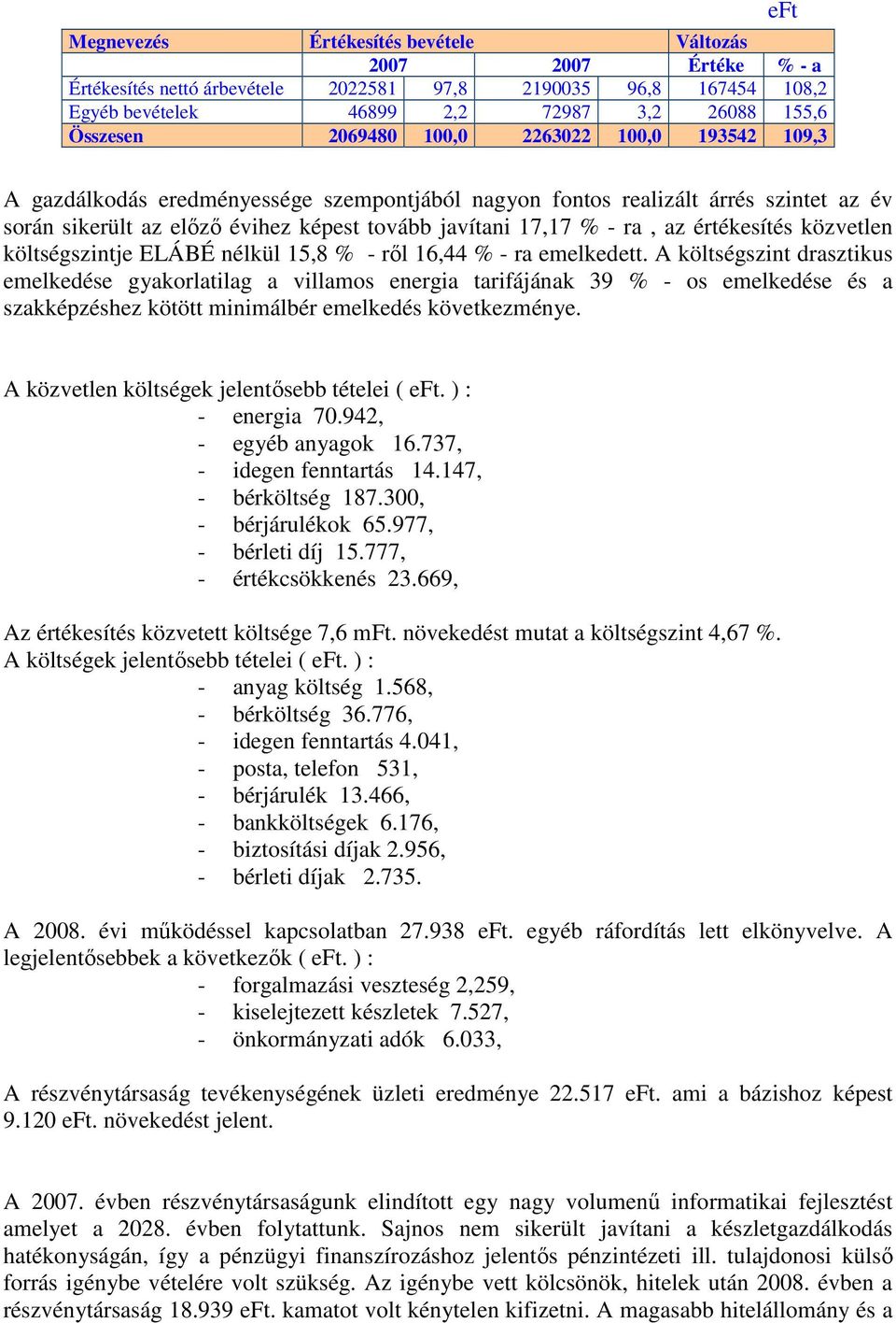 értékesítés közvetlen költségszintje ELÁBÉ nélkül 15,8 % - rıl 16,44 % - ra emelkedett.