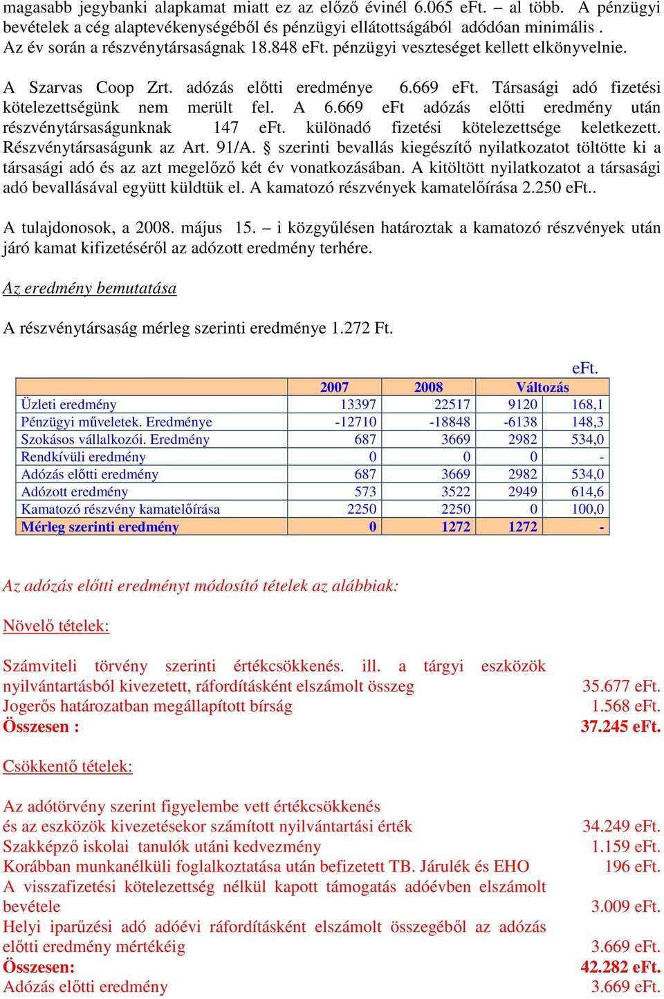 A 6.669 eft adózás elıtti eredmény után részvénytársaságunknak 147 eft. különadó fizetési kötelezettsége keletkezett. Részvénytársaságunk az Art. 91/A.