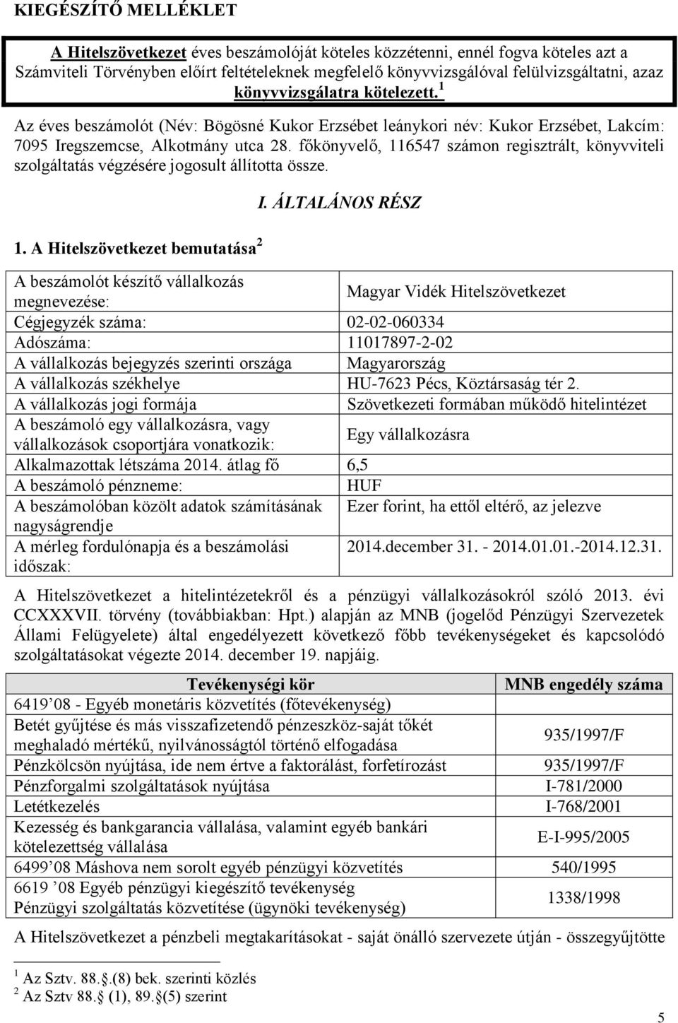 főkönyvelő, 116547 számon regisztrált, könyvviteli szolgáltatás végzésére jogosult állította össze. 1. A Hitelszövetkezet bemutatása 2 I.