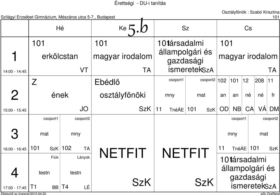 ismeretek 08 ének fr JO TÁE N VÁ DM 7:00-7:5 T iúk testn T Lányok