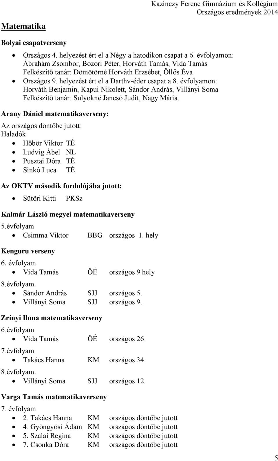 évfolyamon: Horváth Benjamin, Kapui Nikolett, Sándor András, Villányi Soma Felkészítő tanár: Sulyokné Jancsó Judit, Nagy Mária.
