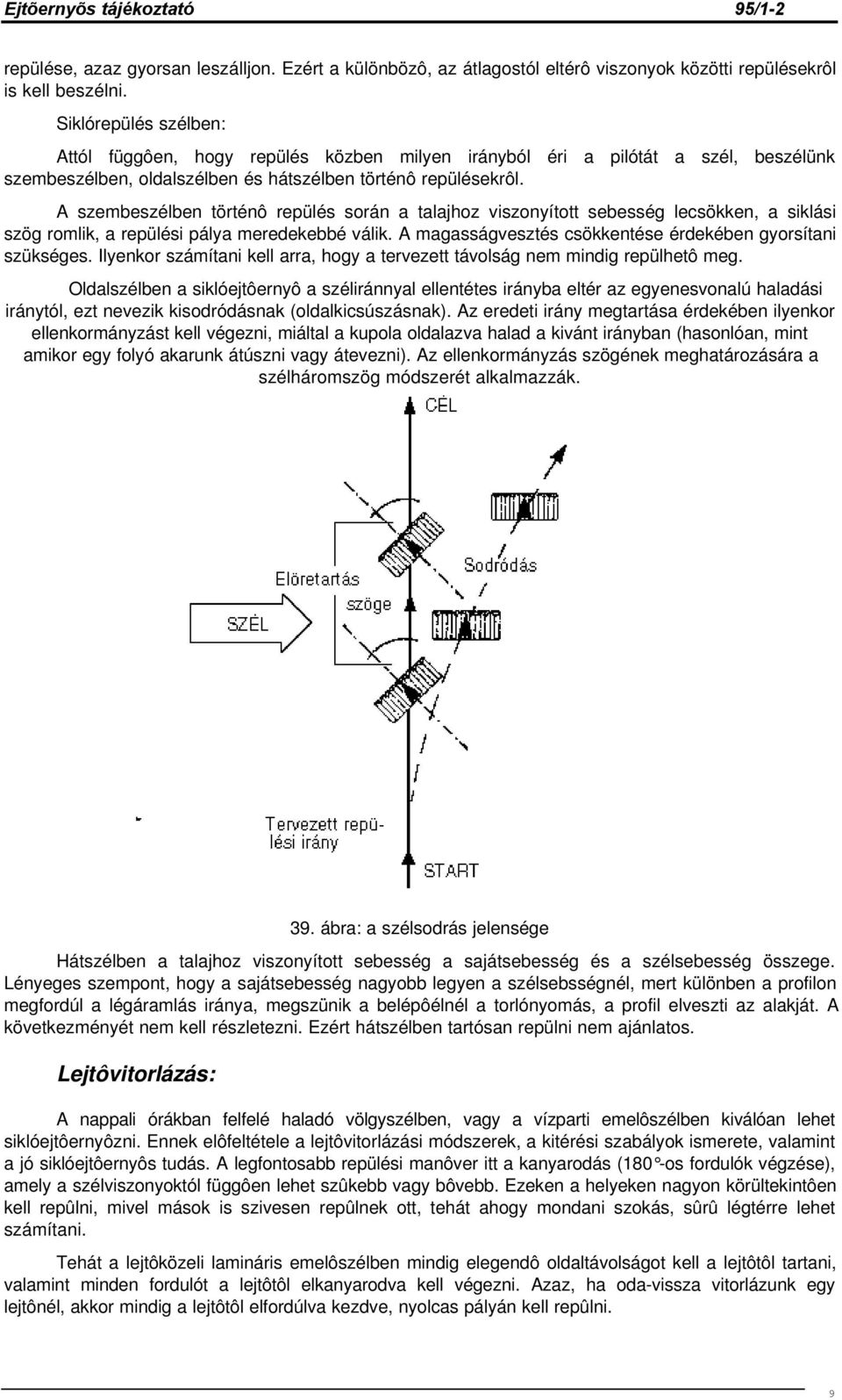 A szembeszélben történô repülés során a talajhoz viszonyított sebesség lecsökken, a siklási szög romlik, a repülési pálya meredekebbé válik.