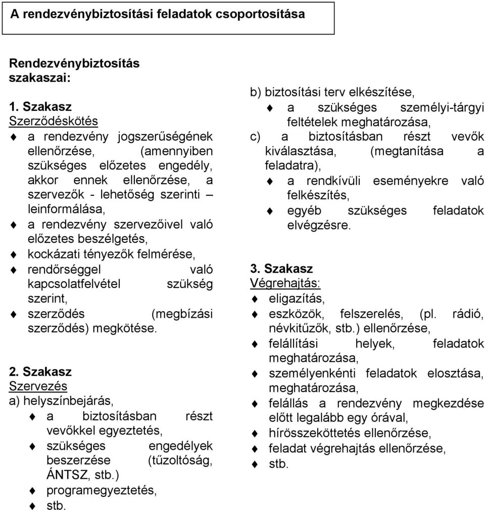 rséggel való kapcsolatfelvétel szükség szerint,!" szerz!dés Jmegbízási szerz!désk megkötése. 2. Szakasz Szervezés ak helyszínbejárás,!" a biztosításban részt vev!kkel egyeztetés,!
