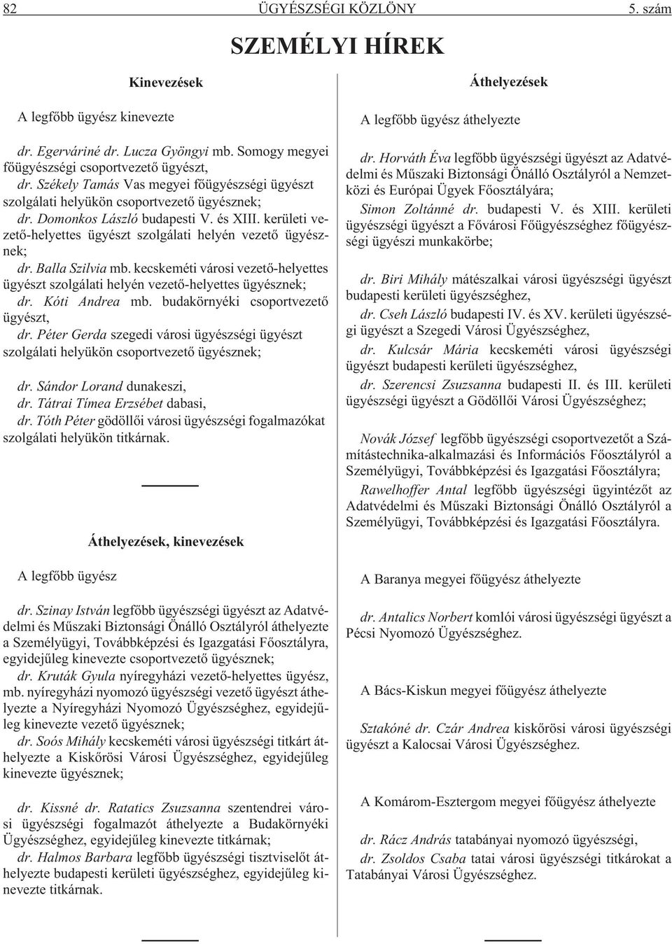 kerületi vezetõ-helyettes ügyészt szolgálati helyén vezetõ ügyésznek; dr. Balla Szilvia mb. kecskeméti városi vezetõ-helyettes ügyészt szolgálati helyén vezetõ-helyettes ügyésznek; dr. Kóti Andrea mb.