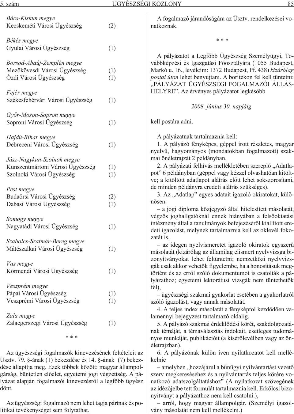 Kunszentmártoni Városi Ügyészség (1) Szolnoki Városi Ügyészség (1) Pest megye Budaörsi Városi Ügyészség (2) Dabasi Városi Ügyészség (1) Somogy megye Nagyatádi Városi Ügyészség (1)