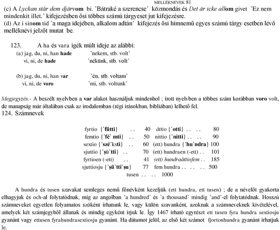 A ha és vara igék múlt ideje az alábbi: (a) jag, du, ni, han hade nekem, stb. volt vi, ni, de hade nékünk, stb. volt (b) jag, du, ni, han var vi, ni, de voro én, stb. voltam mi, stb.