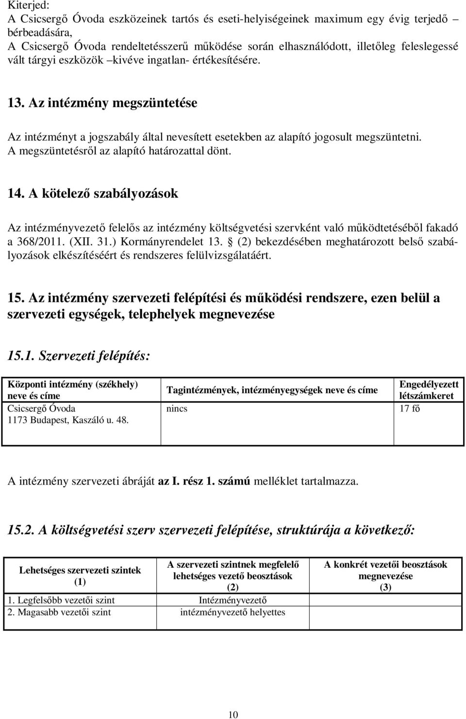 A megszüntetésről az alapító határozattal dönt. 14. A kötelező szabályozások Az intézményvezető felelős az intézmény költségvetési szervként való működtetéséből fakadó a 368/2011. (XII. 31.