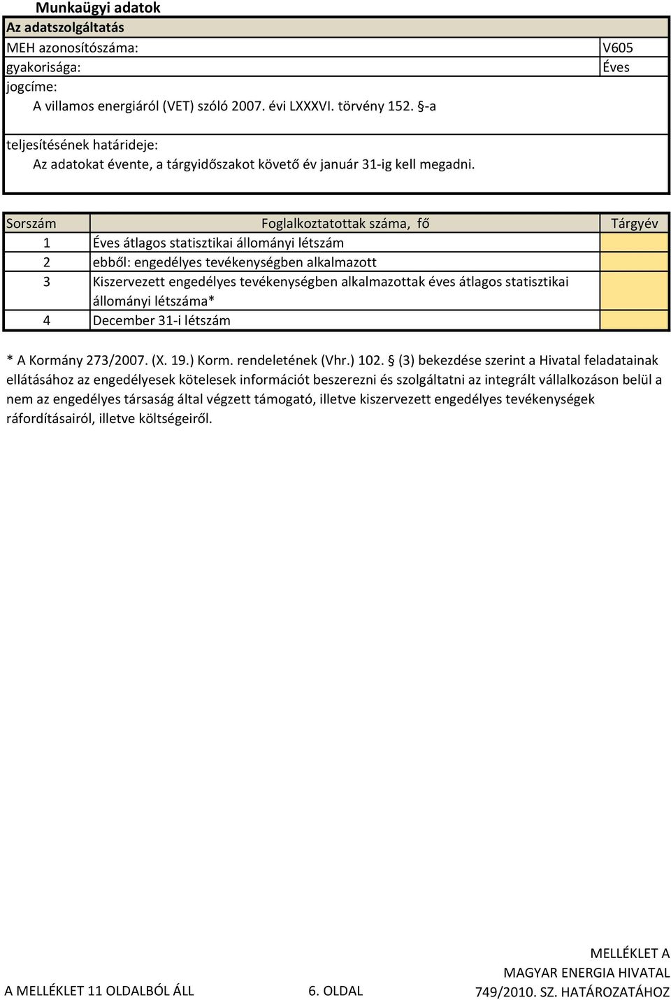 alkalmazottak éves átlagos statisztikai állományi létszáma* 4 December 31-i létszám * A Kormány 273/2007. (X. 19.) Korm. rendeletének (Vhr.) 102.