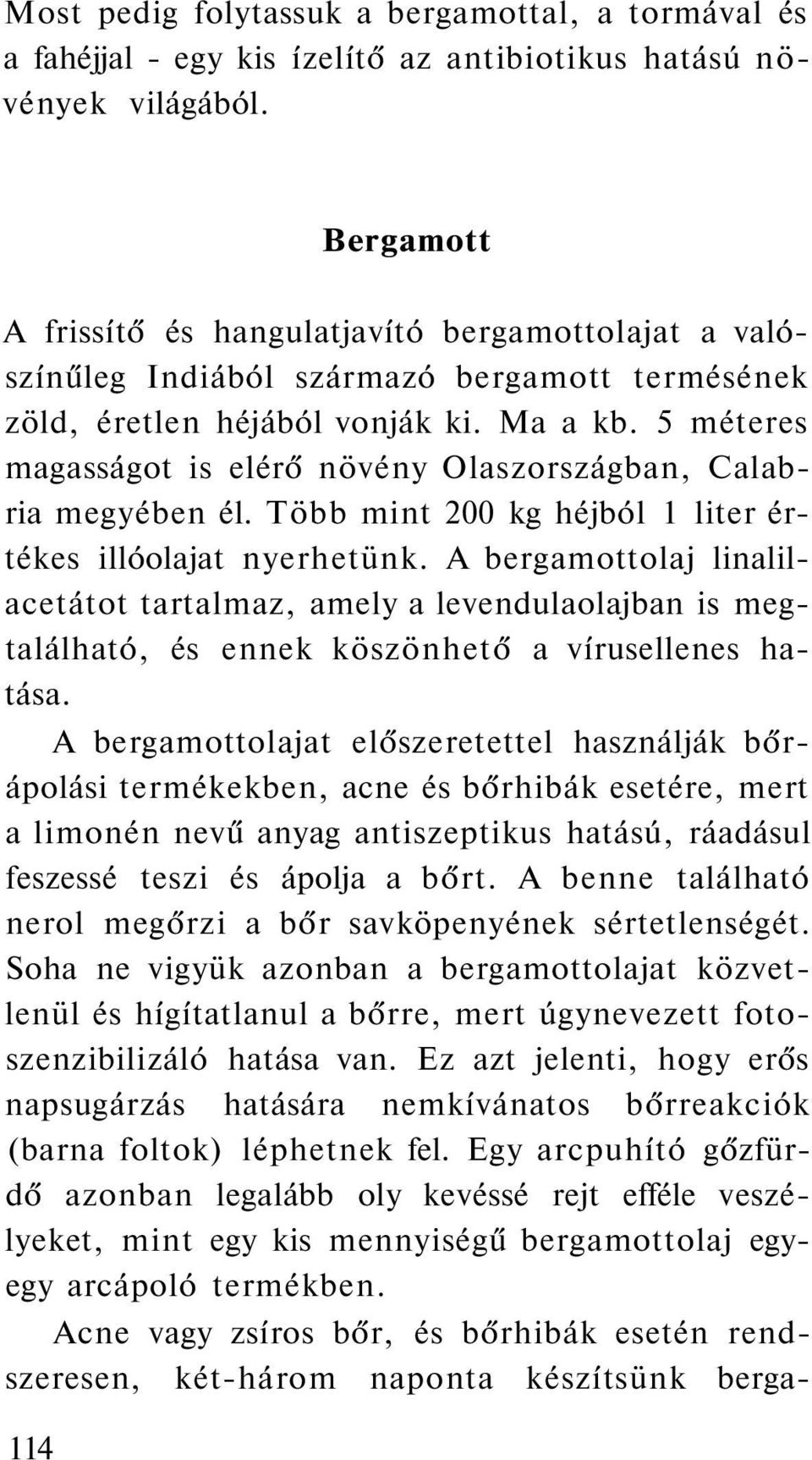 5 méteres magasságot is elérő növény Olaszországban, Calabria megyében él. Több mint 200 kg héjból 1 liter értékes illóolajat nyerhetünk.