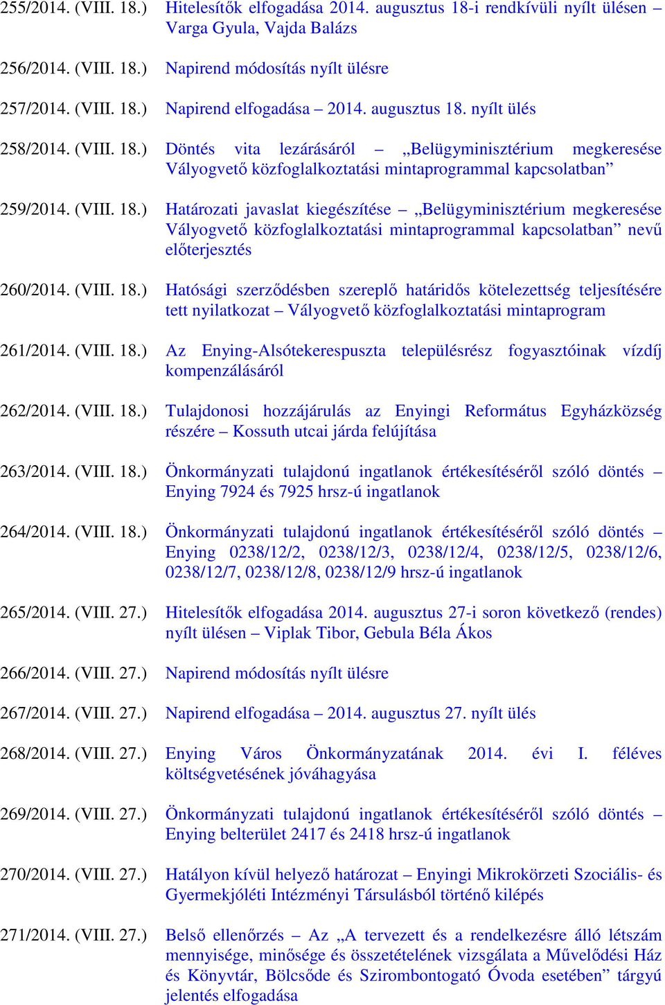 (VIII. 18.) Hatósági szerződésben szereplő határidős kötelezettség teljesítésére tett nyilatkozat Vályogvető közfoglalkoztatási mintaprogram 261/2014. (VIII. 18.) Az Enying-Alsótekerespuszta településrész fogyasztóinak vízdíj kompenzálásáról 262/2014.