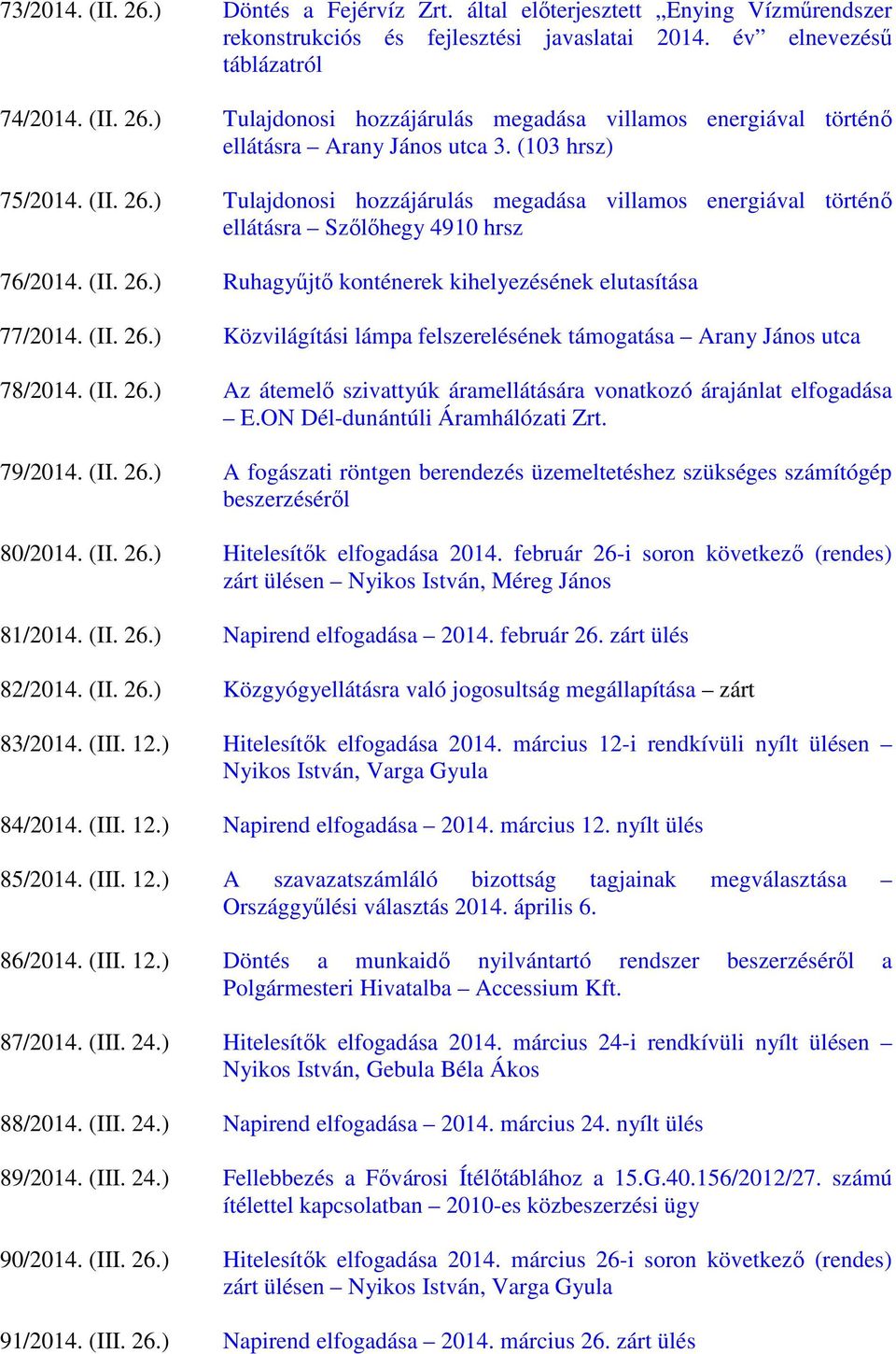 (II. 26.) Közvilágítási lámpa felszerelésének támogatása Arany János utca 78/2014. (II. 26.) Az átemelő szivattyúk áramellátására vonatkozó árajánlat elfogadása E.ON Dél-dunántúli Áramhálózati Zrt.