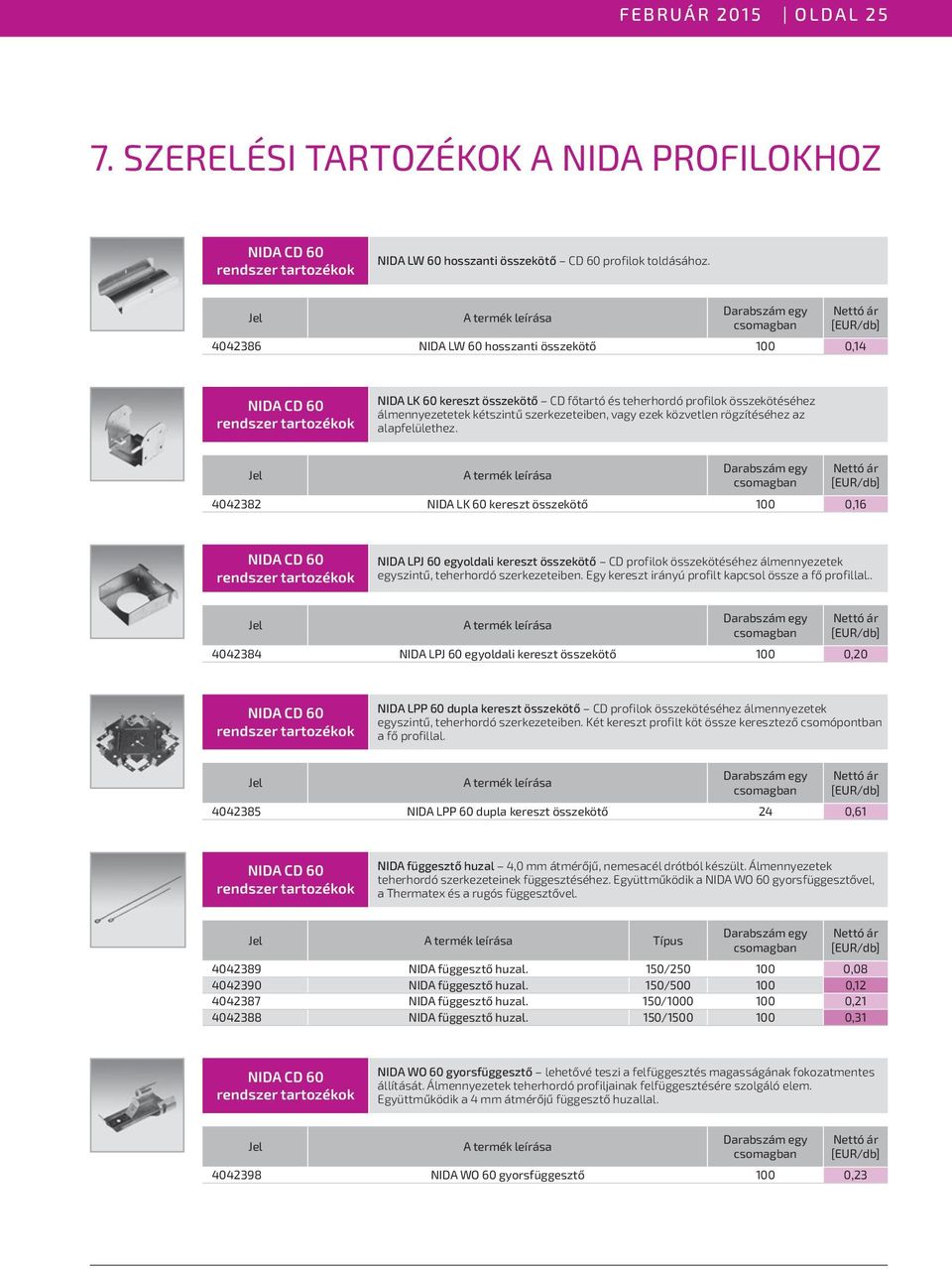 rögzítéséhez az alapfelülethez. 4042382 NIDA LK 60 kereszt összekötő 100 0,16 NIDA LPJ 60 egyoldali kereszt összekötő CD profilok összekötéséhez álmennyezetek egyszintű, teherhordó szerkezeteiben.