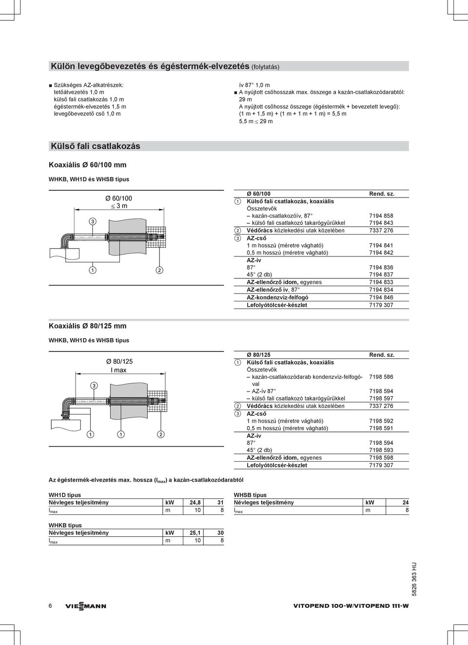 összege a kazán-csatlakozódarabtól: 29 m A nyújtott csőhossz összege (égéstermék + bevezetett levegő): ( m +,5 m) + ( m + m + m) = 5,5 m 5,5 m 29 m Külső fali csatlakozás Koaxiális Ø 60/00 mm WHKB,