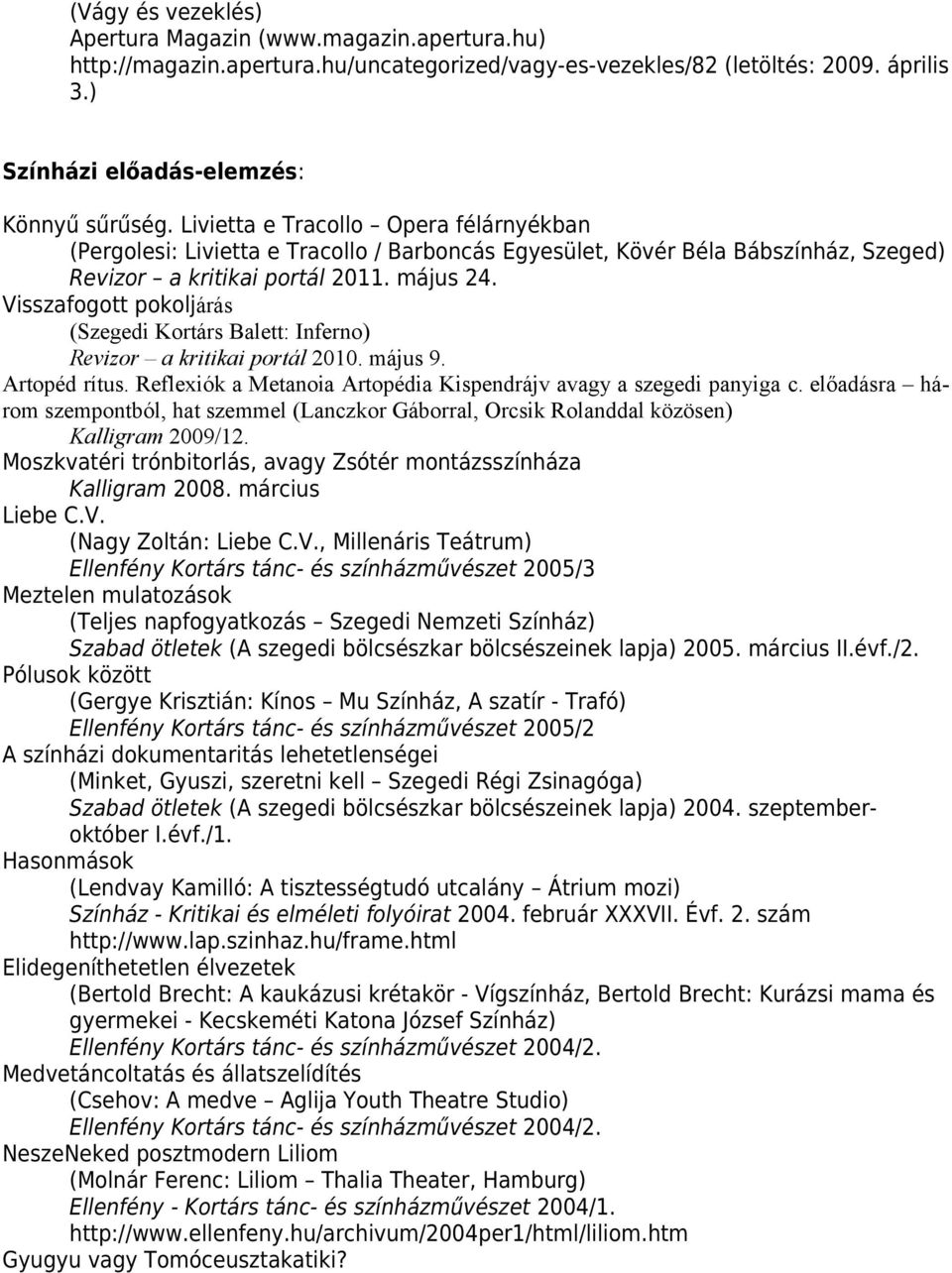 Visszafogott pokoljárás (Szegedi Kortárs Balett: Inferno) Revizor a kritikai portál 2010. május 9. Artopéd rítus. Reflexiók a Metanoia Artopédia Kispendrájv avagy a szegedi panyiga c.