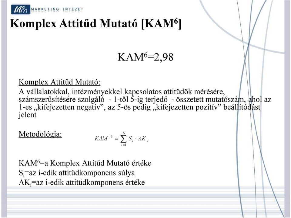 kifejezetten negatív, az 5-ös pedig kifejezetten pozitív beállítódást jelent Metodológia: KAM 6 = 6 ĺ i = 1 S i