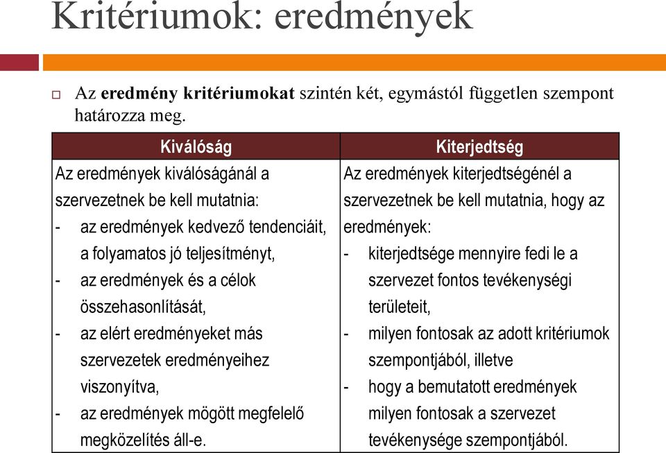 összehasonlítását, - az elért eredményeket más szervezetek eredményeihez viszonyítva, - az eredmények mögött megfelelő megközelítés áll-e.