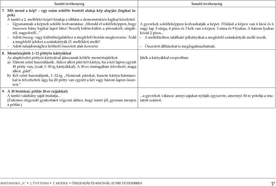 ... Adott összeg- vagy különbségalakhoz a megfelelő bontás megkeresése: Tedd a megfelelő jeleket a számkártyák (3. melléklet) mellé! Adott tulajdonsághoz köthető összetett alak keresése 8.