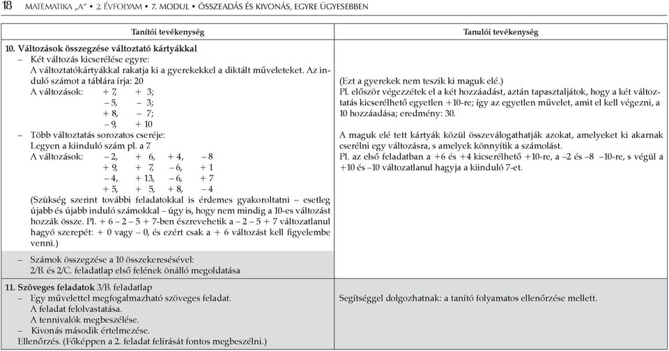 Az induló számot a táblára írja: 20 A változások: + 7, + 3; 5, 3; + 8, 7; 9, + 10 Több változtatás sorozatos cseréje: Legyen a kiinduló szám pl. a 7.