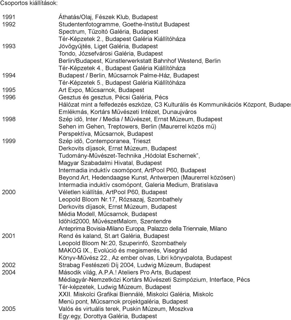 , Budapest Galéria Kiállítóháza Jövőgyűjtés, Liget Galéria, Budapest Tondo, Józsefvárosi Galéria, Budapest Berlin/Budapest, Künstlerwerkstatt Bahnhof Westend, Berlin Tér-Képzetek 4.