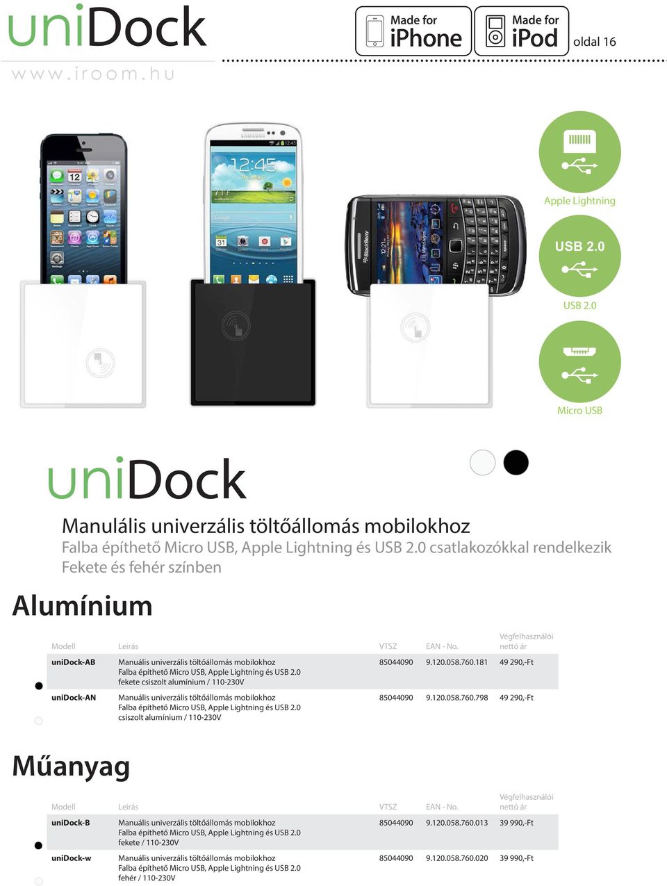 0 fekete csiszolt alumínium / 110-230V Manuális univerzális töltőállomás mobilokhoz Falba építhető Micro USB, Apple Lightning és USB 2.0 csiszolt alumínium / 110-230V 85044090 9.120.058.760.