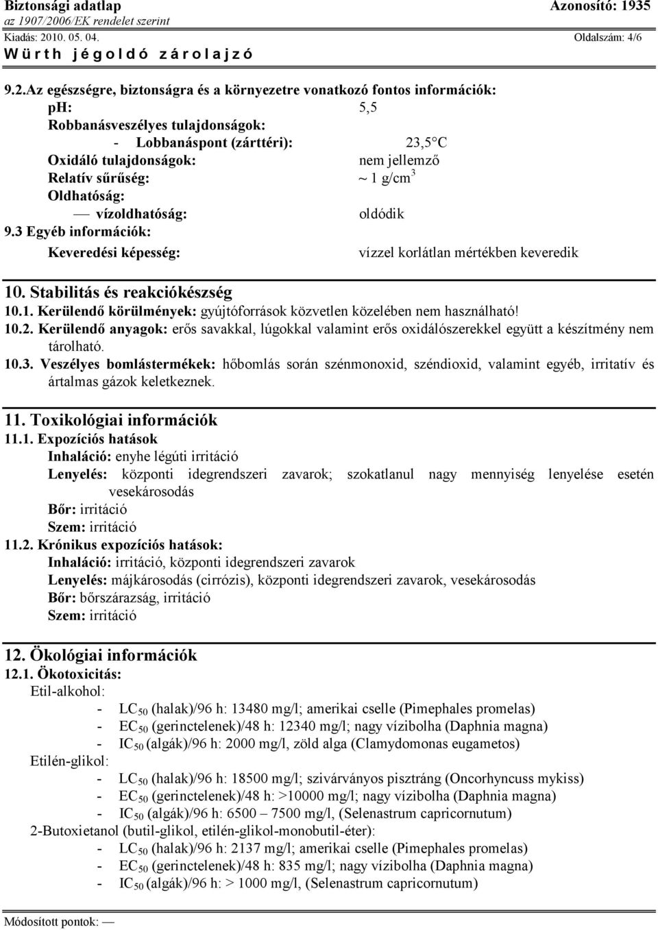 Az egészségre, biztonságra és a környezetre vonatkozó fontos információk: ph: 5,5 Robbanásveszélyes tulajdonságok: - Lobbanáspont (zárttéri): 23,5 C Oxidáló tulajdonságok: nem jellemző Relatív