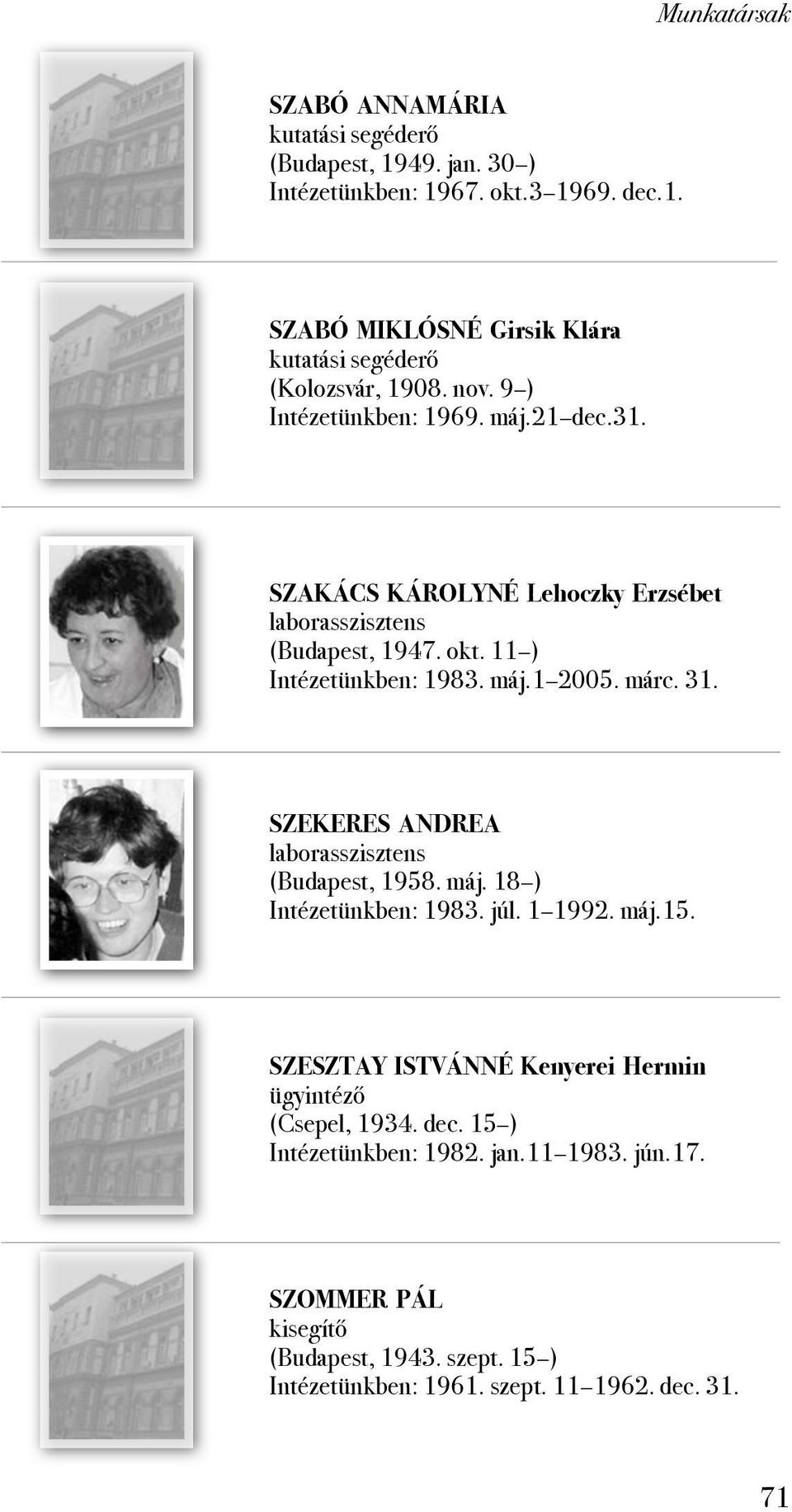 SZEKERES ANDREA (Budapest, 1958. máj. 18 ) Intézetünkben: 1983. júl. 1 1992. máj.15. SZESZTAY ISTVÁNNÉ Kenyerei Hermin ügyintéző (Csepel, 1934. dec.