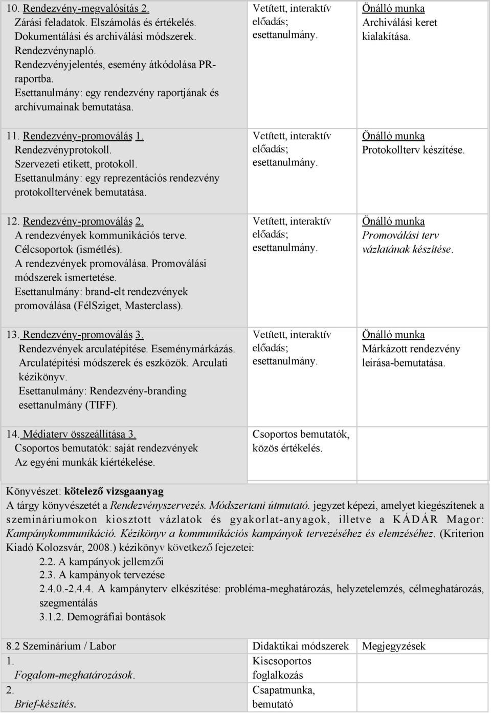 Esettanulmány: egy reprezentációs rendezvény protokolltervének bemutatása. 12. Rendezvény-promoválás 2. A rendezvények kommunikációs terve. Célcsoportok (ismétlés). A rendezvények promoválása.