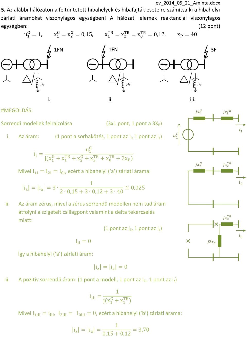 Az áram: (1 pont a sorbakötés, 1 pont az i i, 1 pont az i z ) Mivel, ezért a hibahelyi ( a ) zárlati árama: ii.