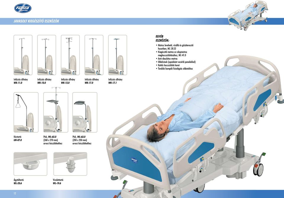 0 Anti-decubitus matrac Oldalsínek (opcióként vezérlő panelekkel) Kettős hosszabbító keret További kampók fiziológiás oldatokhoz Infúziós