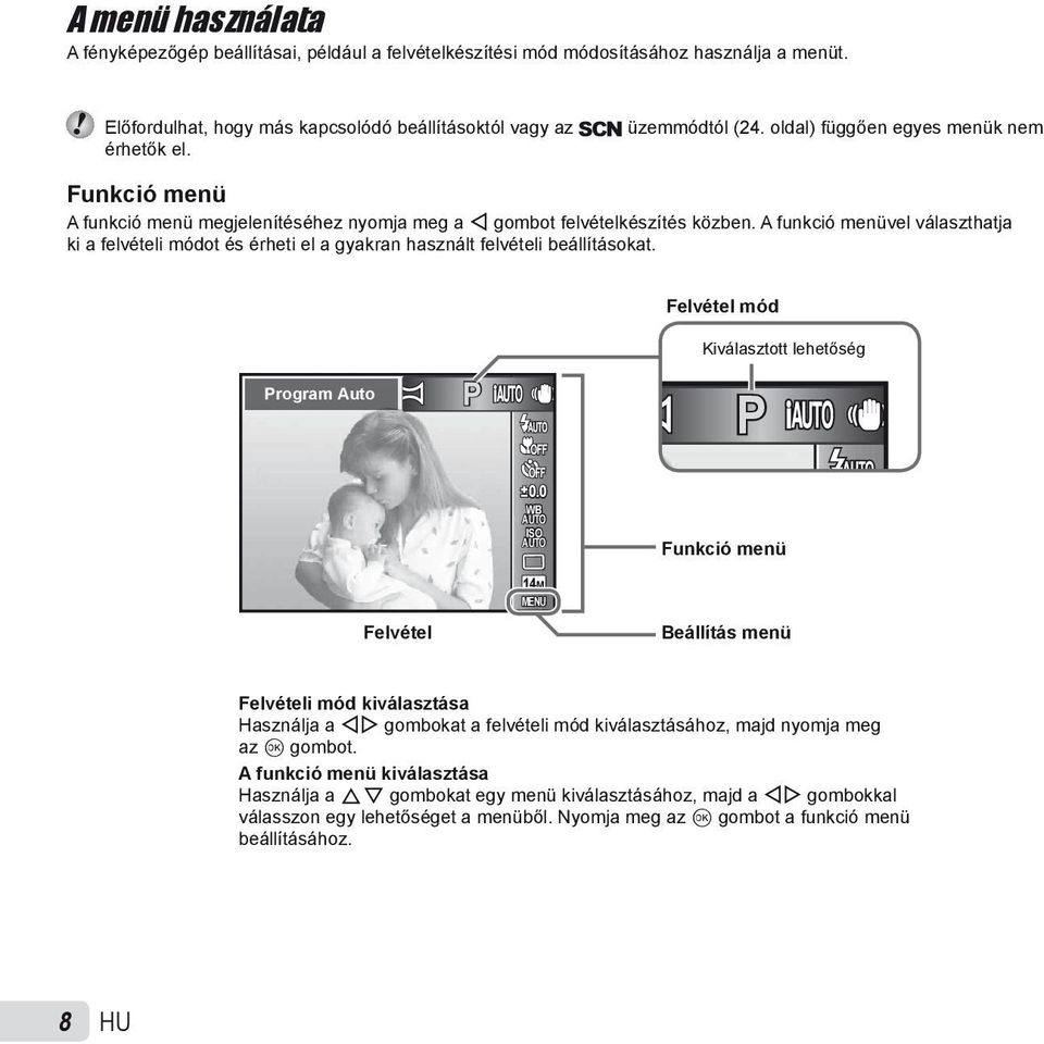 A funkció menüvel választhatja ki a felvételi módot és érheti el a gyakran használt felvételi beállításokat. Felvétel mód Program Auto P Kiválasztott lehetőség P 0.