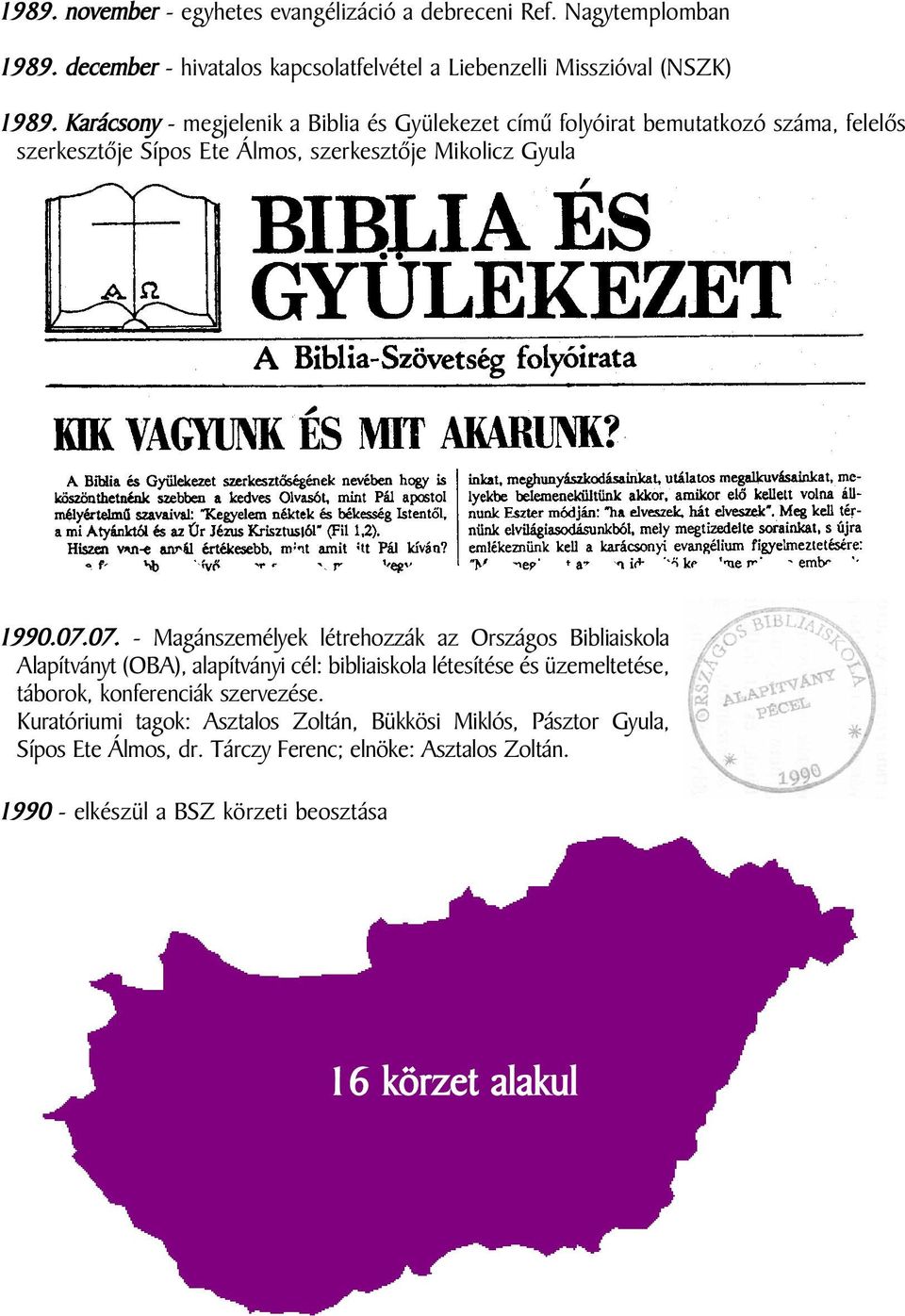 07. - Magánszemélyek létrehozzák az Országos Bibliaiskola Alapítványt (OBA), alapítványi cél: bibliaiskola létesítése és üzemeltetése, táborok, konferenciák